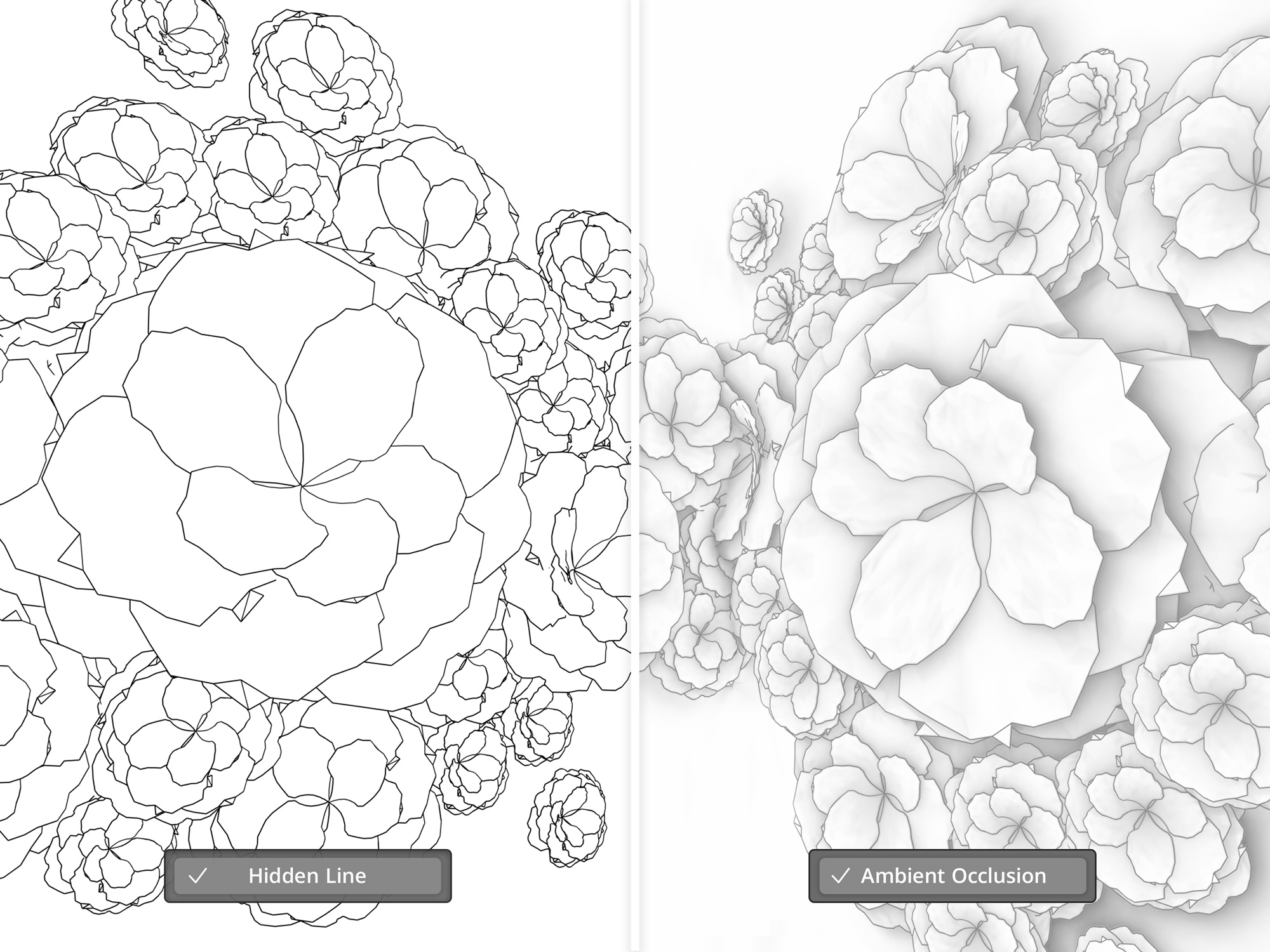 De linkerkant. van de afbeelding is een SketchUp gestileerde afbeelding van zwart witte bloemen aan de rechterkant staat dezelfde afbeelding met Ambient Occlusion