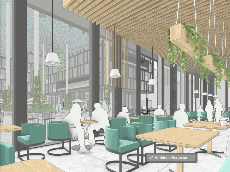 De linkerkant. van de animatie laat een SketchUp model zien van een modern cafe met grote ramen, waar mensen koffie drinken, de rechterkant is dezelfde afbeelding met Ambient Occlusion