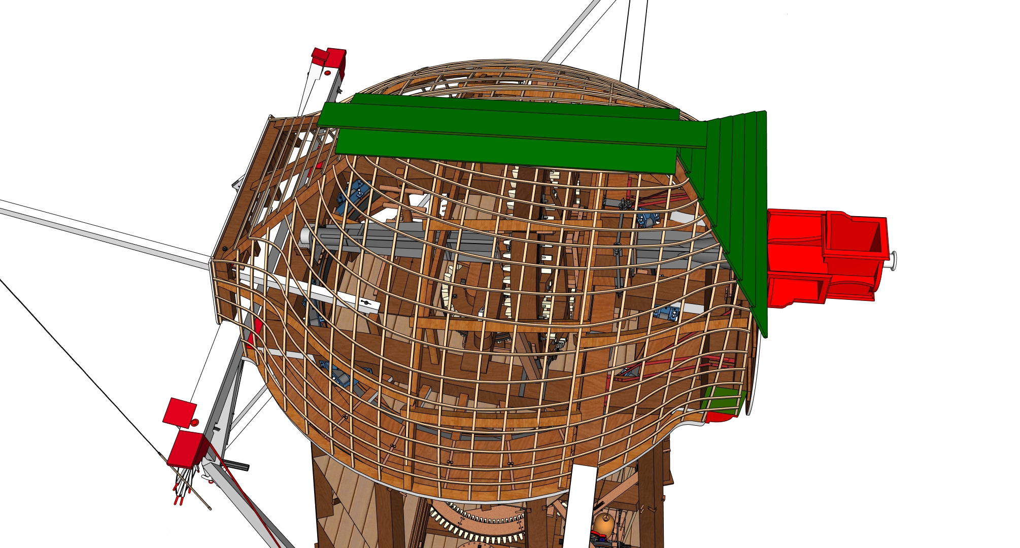 Detailtekening van de kapconstructie, zodat ook de onzichtbare delen van de molen getoond kunnen worden.